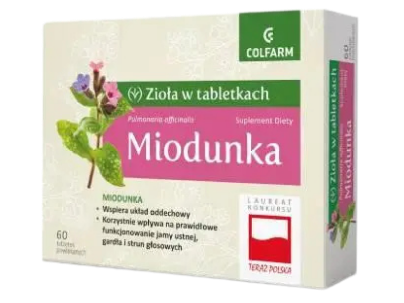 Zdjęcie przedstawia suplement diety Colfarm Miodunka, tabletki powlekane.