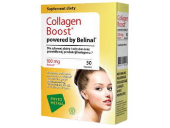 Zdjęcie przedstawia suplement diety Collagen Boost powered by Belinal, kapsułki.