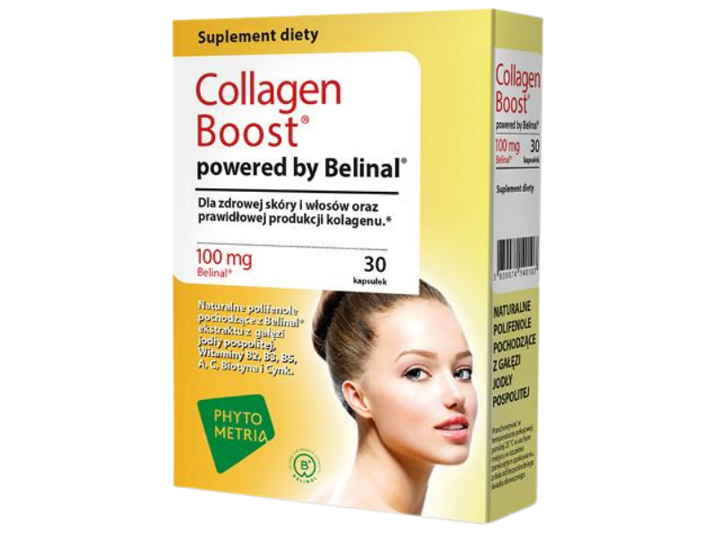 Zdjęcie przedstawia suplement diety Collagen Boost powered by Belinal, kapsułki.