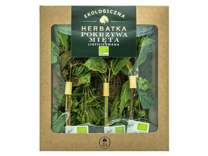 Zdjęcie przedstawia środek spożywczy Dary Natury Ekologiczna liofilizowana herbatka pokrzywa mięta, zioła do zaparzania.