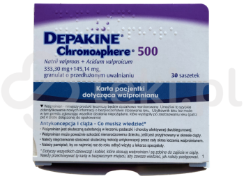 Zdjęcie przedstawia lek na receptę Depakine Chronosphere 500, granulat o przedłużonym uwalnianiu, 145,14 mg + 333,30 mg.
