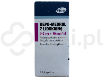 Zdjęcie przedstawia lek na receptę Depo-Medrol z Lidokainą, zawiesina do wstrzykiwań, 40 mg + 10 mg/ml.