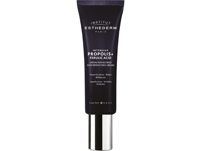 Zdjęcie przedstawia dermokosmetyk Esthederm Intensive Propolis+ Ferulic Acid Creme Perfectrice zaawansowany z propolisem redukujący niedoskonałości, matujący skórę i wygładzający zmarszczki, krem.