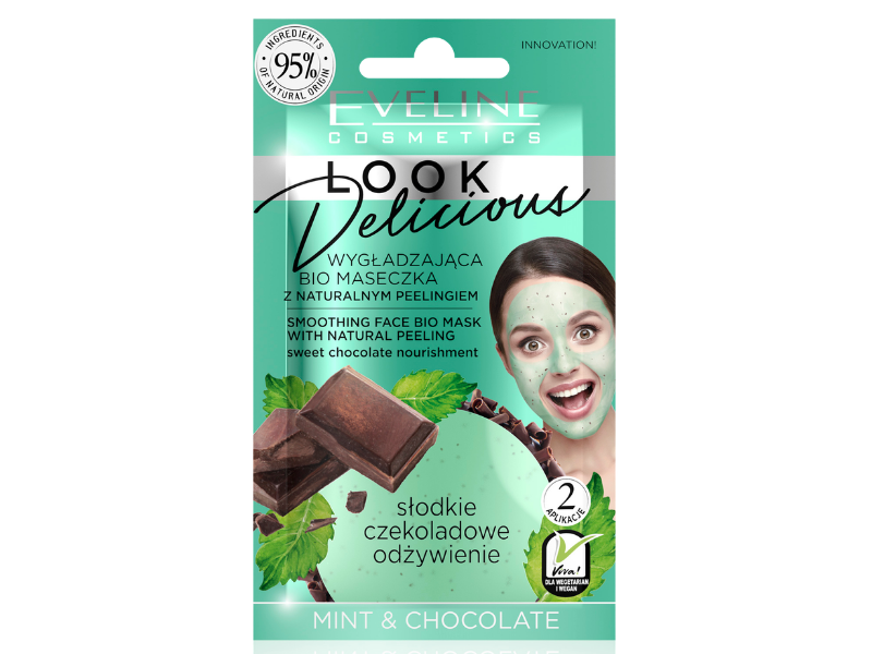 Zdjęcie przedstawia kosmetyk Eveline Look Delicious wygładzająca bio maseczka z naturalnym peelingiem, maska.
