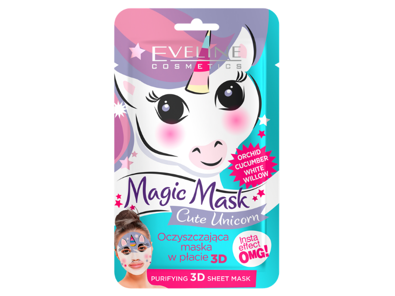 Zdjęcie przedstawia kosmetyk Eveline Magic Mask Cute Unicorn oczyszczająca maska w płacie 3D.