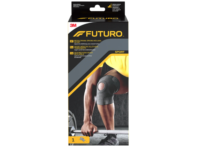 Zdjęcie przedstawia sprzęt medyczny Futuro regulowana kolana sport, opaska.