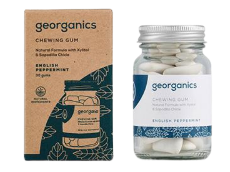 Zdjęcie przedstawia środek spożywczy Georganics, naturalna guma do żucia, English peppermint, gumy do żucia.