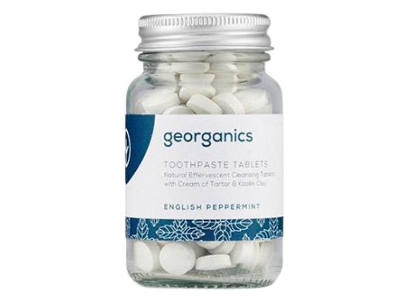 Zdjęcie przedstawia suplement diety Georganics naturalne tabletki do mycia zębów, English Peppermint.