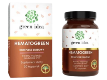 Zdjęcie przedstawia suplement diety Green Idea HEMATOGREEN kompleks ziołowy, kapsułki.