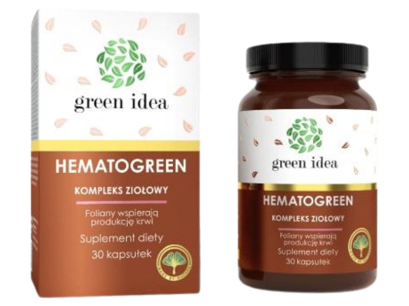 Zdjęcie przedstawia suplement diety Green Idea HEMATOGREEN kompleks ziołowy, kapsułki.