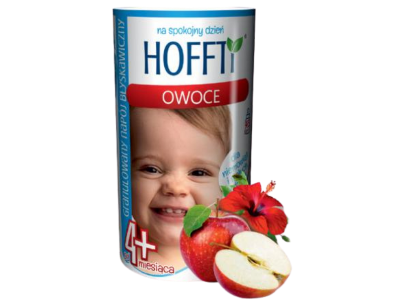 zdjęcie przedstawia środek spożywczy HOFFTI NA SPOKOJNY DZIEŃ OWOCE, granulat do sporządzania roztworu doustnego.