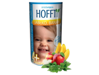 Zdjęcie przedstawia środek spożywczy HOFFTI Orzeźwiająca, smak jabłko-banan, granulat do sporządzania roztworu doustnego.