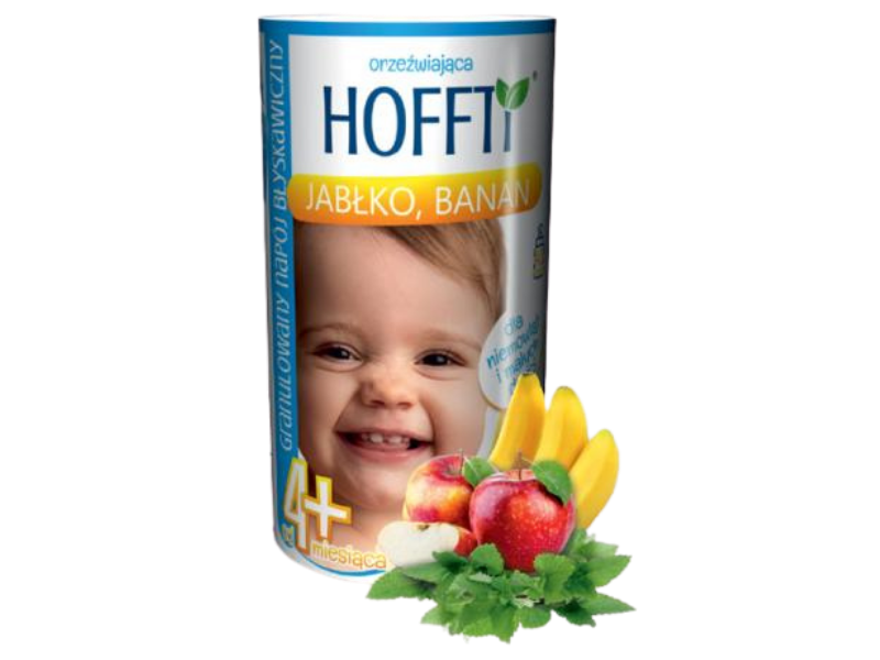 Zdjęcie przedstawia środek spożywczy HOFFTI Orzeźwiająca, smak jabłko-banan, granulat do sporządzania roztworu doustnego.
