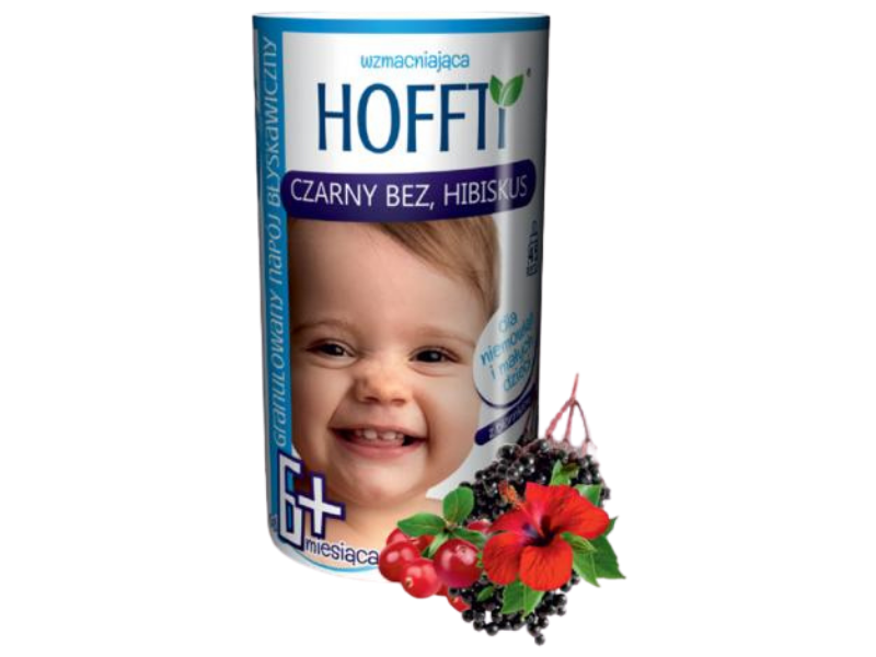 Zdjęcie przedstawia środek spożywczy HOFFTI wzmacniająca czarny bez, hibiskus, granulat do sporządzania roztworu doustnego.
