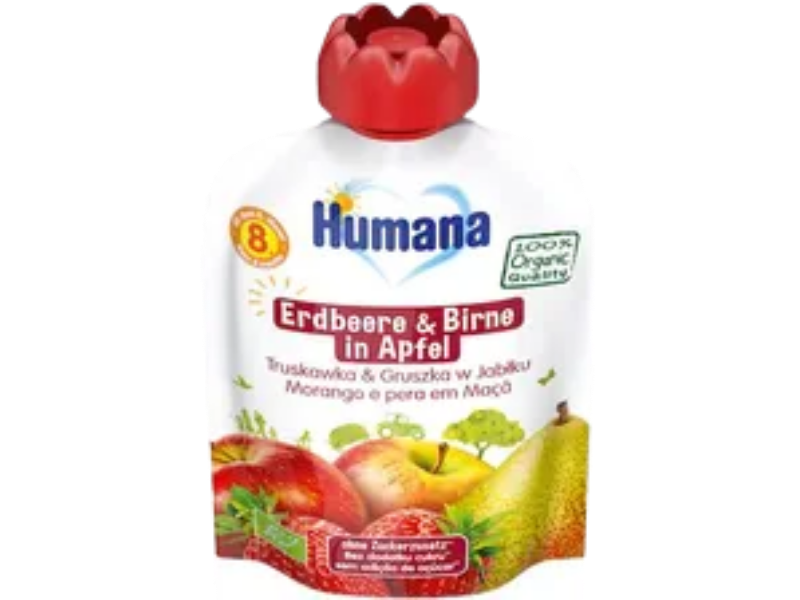 Zdjęcie przedstawia środek spożywczy HUMANA 100% ORGANIC, smak jabłko-gruszka-truskawka, po 8 miesiącu, mus.
