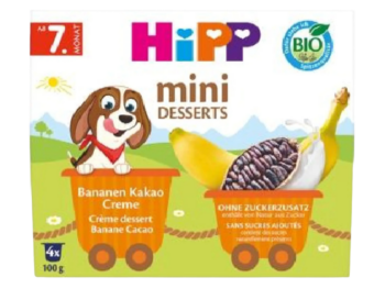 Zdjęcie przedstawia środek spożywczy HiPP BIO od pokoleń, krem z bananami i kakao.