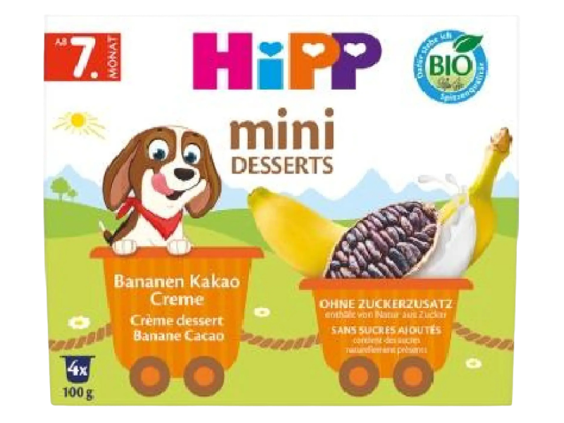 Zdjęcie przedstawia środek spożywczy HiPP BIO od pokoleń, krem z bananami i kakao.