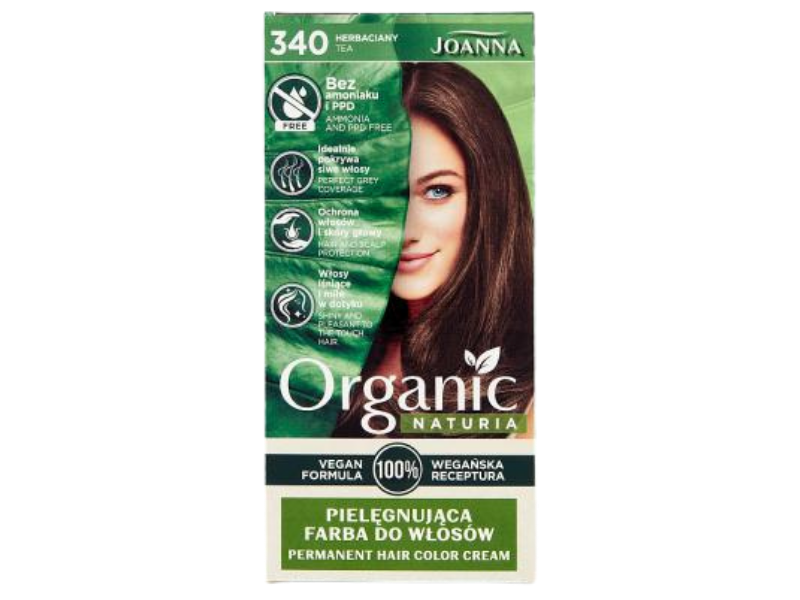 Zdjęcie przedstawia kosmetyk Joanna Organic Naturia Vegan farba pielęgnująca do włosów, 340 herbaciany.