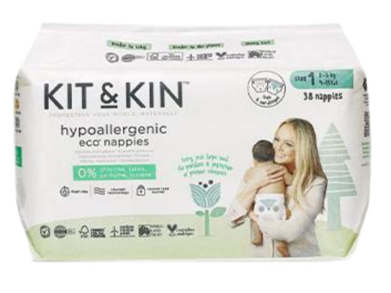 Zdjęcie przedstawia wyrób medyczny Kit and Kin, biodegradowalne pieluszki jednorazowe Mini, pieluchomajtki.