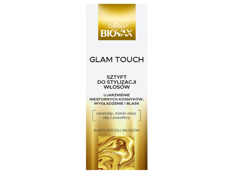 Zdjęcie przedstawia dermokosmetyk L'biotica Biovax Glamour Glam Touch wygładzający ujarzmiający, sztyft.