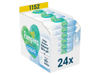 Zdjęcie przedstawia kosmetyk Pampers Harmonie Aqua nawilżane dla dzieci, chusteczki.