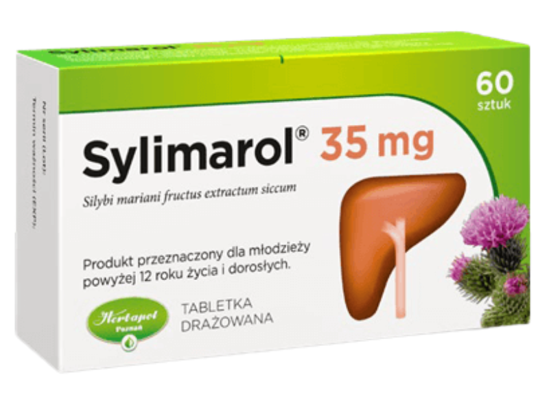 Zdjęcie przedstawia lek bez recepty Sylimarol, tabletki drażowane, 35 mg.