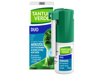 Zdjęcie przedstawia lek bez recepty Tantum Verde Duo, aerozol do stosowania w jamie ustnej, (1,5 mg + 5 mg)/ml.