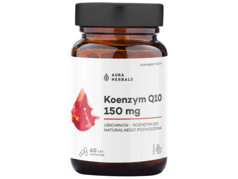 Zdjęcie przedstawia suplement diety Aura Herbals Koenzym Q10, kapsułki.