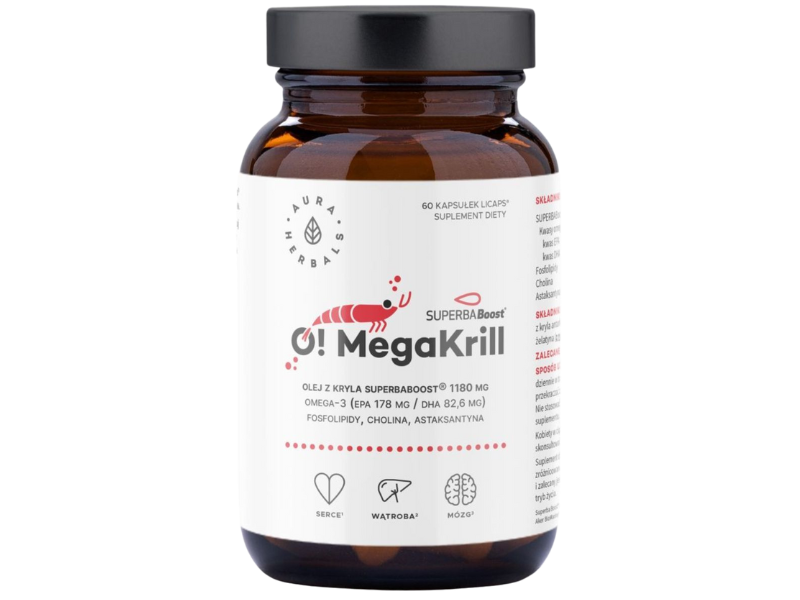 Zdjęcie przedstawia suplement diety Aura Herbals O! Megakrill, kapsułki.