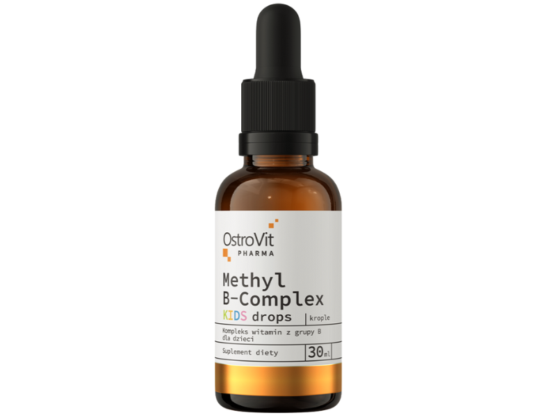 Zdjęcie przedstawia suplement diety OstroVit Pharma Methyl B-Complex KIDS, krople.