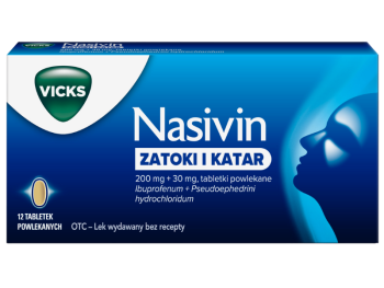 Zdjęcie przedstawia lek bez recepty Nasivin Zatoki i Katar, tabletki powlekane, 200 mg + 30 mg