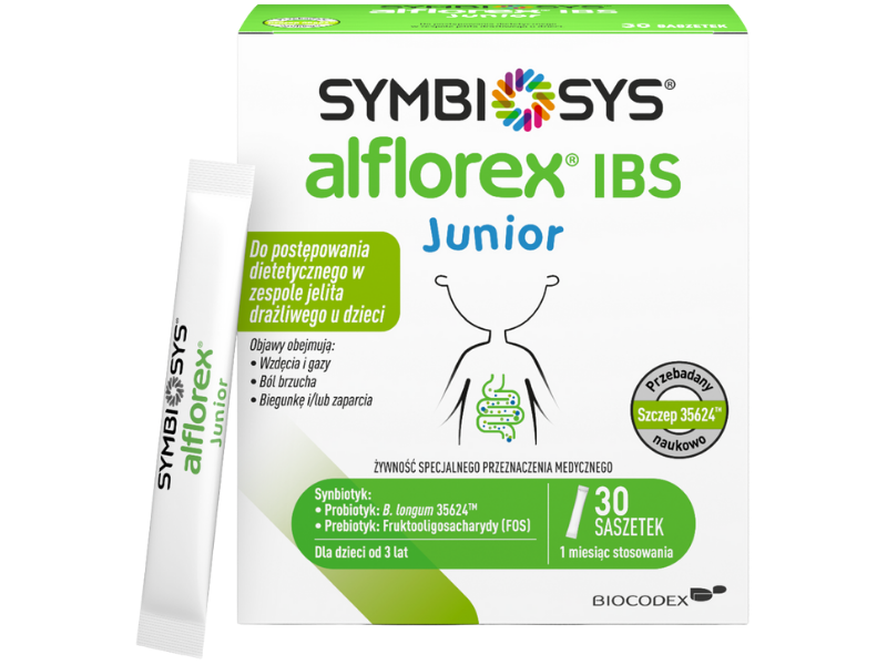 Zdjęcie przedstawia środek spożywczy Symbiosys Alflorex IBS Junior, saszetki.