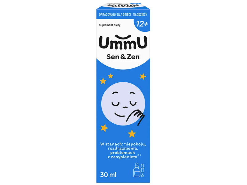 Zdjęcie przedstawia suplement diety UmmU Sen & Zen 12+, krople.