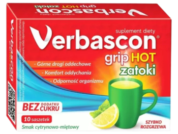 Zdjęcie przedstawia suplement diety Verbascon Grip Hot Zatoki, saszetki.