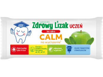 Zdjęcie przedstawia suplement diety Zdrowy Lizak Uczeń CALM bez cukru, smak jabłko-mięta.