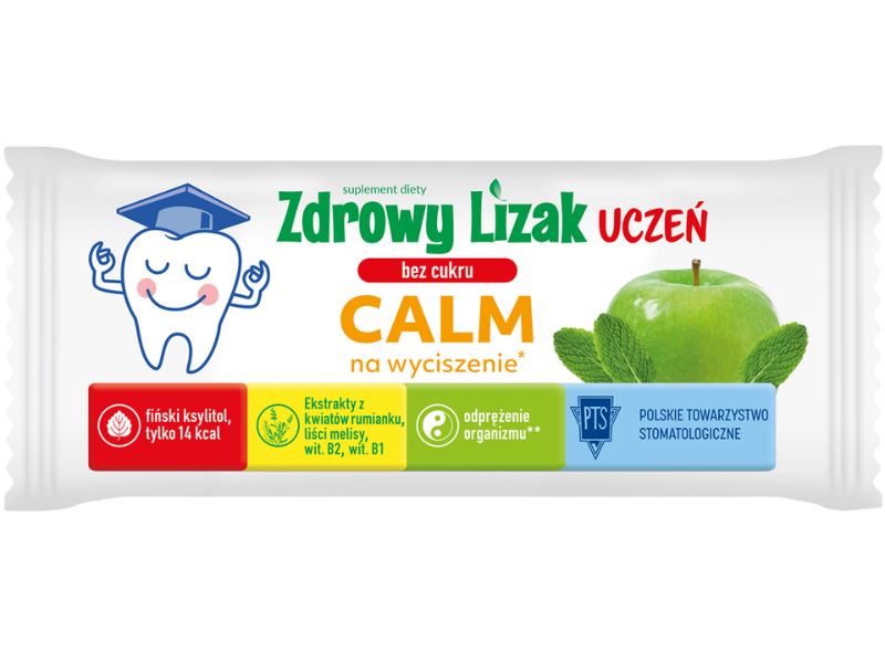 Zdjęcie przedstawia suplement diety Zdrowy Lizak Uczeń CALM bez cukru, smak jabłko-mięta.