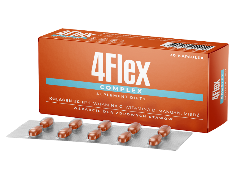 Zdjęcie przedstawia suplement diety 4Flex Complex, kapsułki.