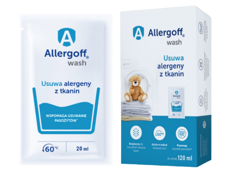 Zdjęcie przedstawia środek higieniczny Allergoff Wash koncentrat w saszetkach.