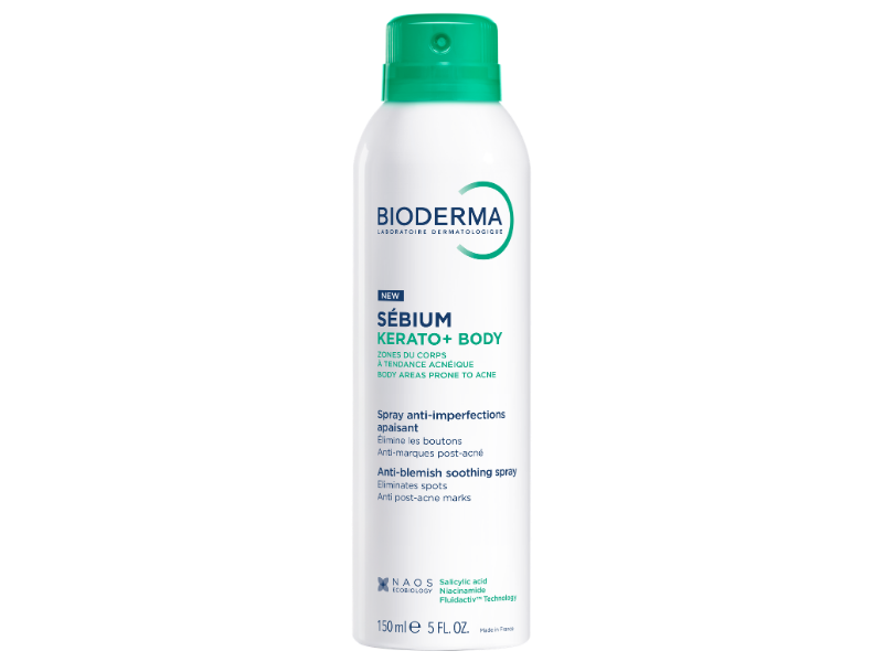 Zdjęcie przedstawia dermoksmetyk Bioderma Sebium Kerato+ Body kojący spray na niedoskonałości.