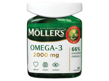 Zdjęcie przedstawia suplement diety Möller's Omega-3, kapsułki, 2000 mg.