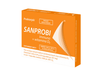 Zdjęcie przedstawia suplement diety Sanprobi Immuno + witamina D3, kapsułki.