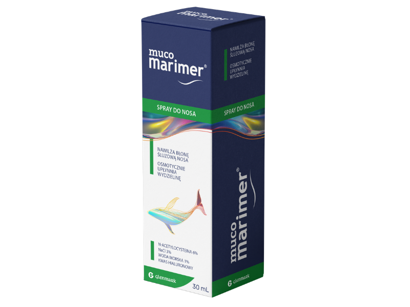 Zdjęcie przedstawia wyrób medyczny Muco Marimer, spray do nosa.