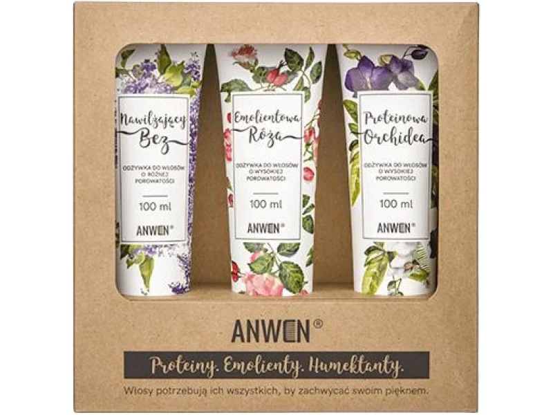 Anwen zestaw odżywek do włosów o wysokiej porowatości nawilżający bez + emolientowa róża + proteinowa orchidea, odżywka