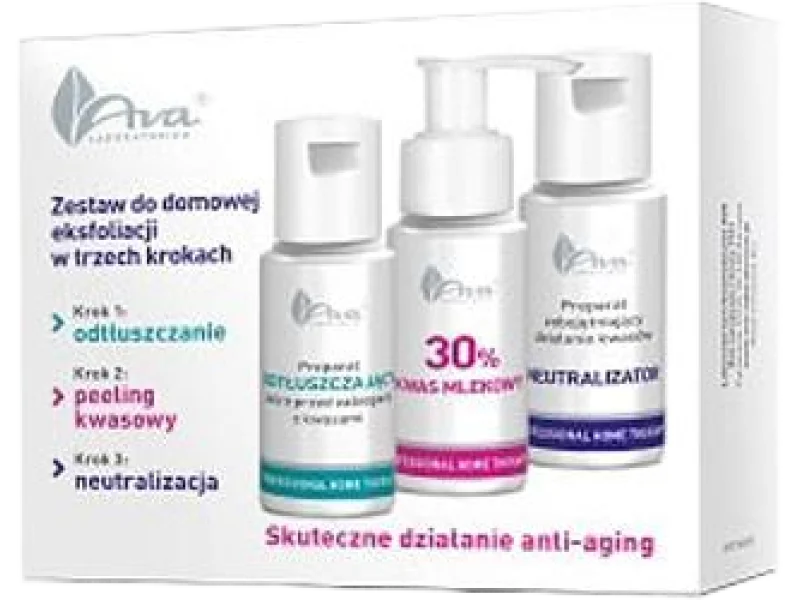 AVA Zestaw do domowej eksfoliacji odtłuszczacz + kwas mlekowy + neutralizator