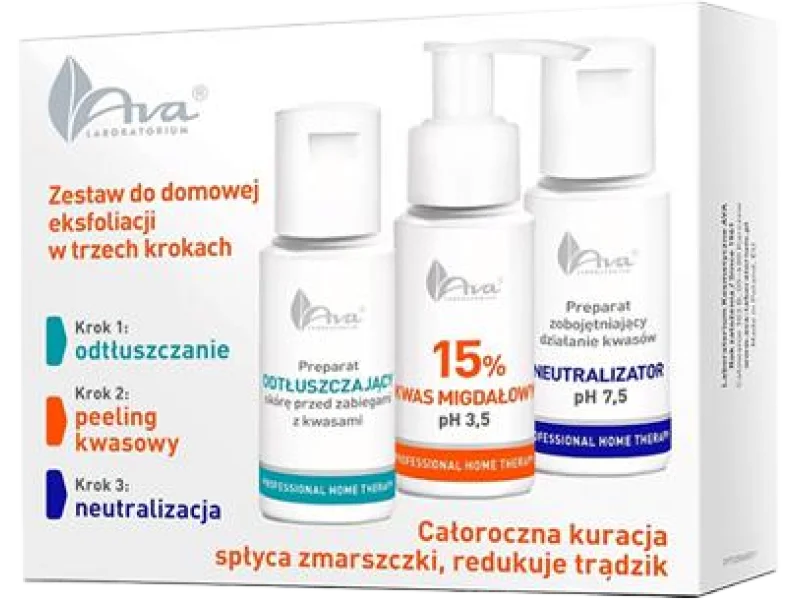 AVA Zestaw do domowej eksfoliacji odtłuszczacz + peeling kwasowy kwas migdałowy + neutralizator