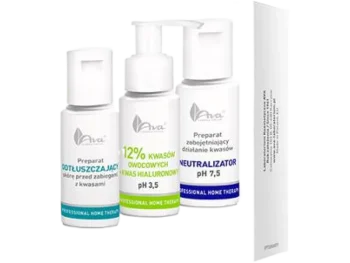 Zdjęcie produktu AVA zestaw do domowej eksfoliacji odtłuszczacz + peeling kwasowy kwasów owocowych + kwas hialuronowy + neutralizator
