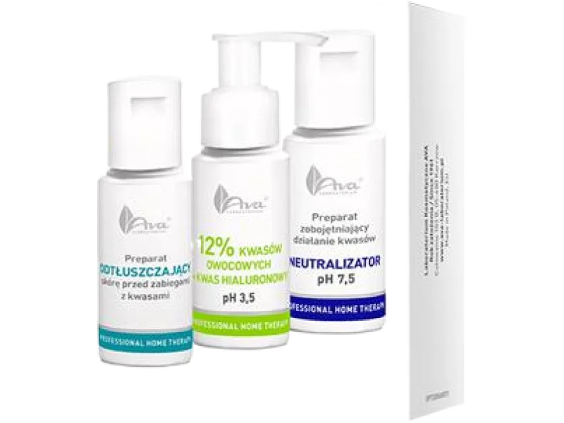 AVA zestaw do domowej eksfoliacji odtłuszczacz + peeling kwasowy kwasów owocowych + kwas hialuronowy + neutralizator