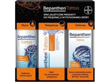 Bepanthen Tattoo delikatny żel do mycia + maść do intensywnej pielęgnacji + krem przeciwsłoneczny SPF50+, zestaw