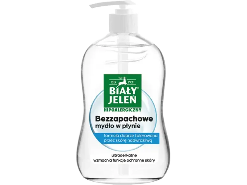Biały Jeleń hipoalergiczny, mydło w płynie, bezzapachowe, ultradelikatne, do skóry wrażliwej, płyn na skórę