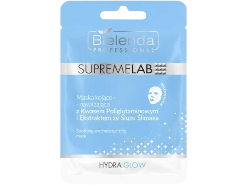 Bielenda Supremelab Hydra Glow, maska kojąco-nawilżająca z kwasem poliglutaminowym i ekstraktem ze śluzu ślimaka